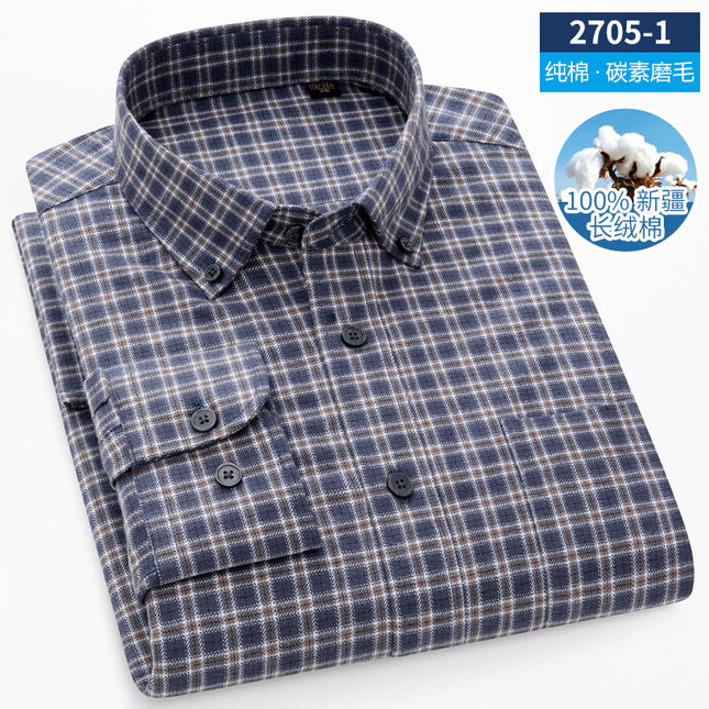 Men's Long-Sleeved Pure Cotton Brushed Plaid Casual Shirts Trendy Fashion Casual Shirts Wholesale