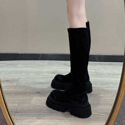 But knee long boots women's 2024 autumn and winter new vintage thick bottom high tube thin boots suede thick heel elastic boots