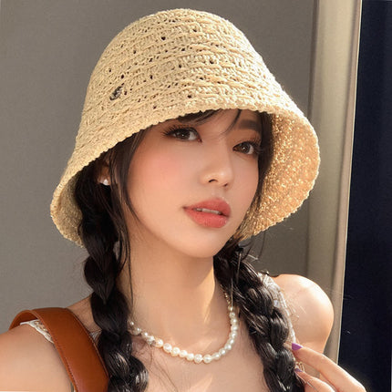 French Cut Out Woven Seaside Straw Hat for Women Summer Large Brim Sun Protection Hat Large Head Circumference Foldableable Fisherman Hat Trendy