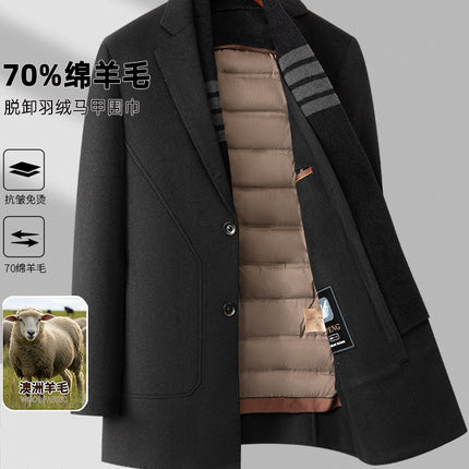 Men's Wool Coat Autumn and Winter Mid-Length Business Casual Removable Down Liner Middle-Aged and Elderly Woolen Coat
