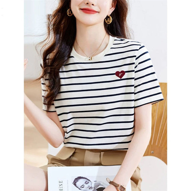Korean Style Fashionable Half-Sleeved Women's Summer Black and White Stripesd Short-Sleeved T-Shirt Hong Kong Style Stitching Contrasting Color Bottoming Top Ins Half-Sleeved