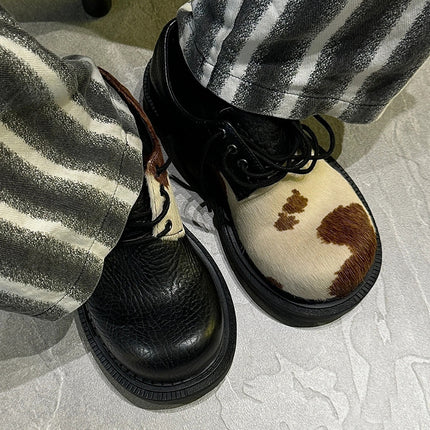 Horse hair derby shoes men and women with milk mandarin duck small leather shoes lace-up thick heel thick-soled soft leather shoes casual shoes tide