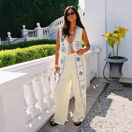 2026 Fashion New Women's Printed Set Independent Brand Artistic Retro Sleeveless Top and Wide-Leg Pants Two-Piece Set