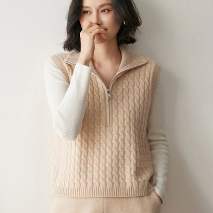 Full-Body Cable Knit Solid Color Women's Cashmere Knitted Vest Half-Open High-Neck Sleeveless Sweater Outerwear Layered Waistcoat