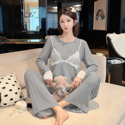 Oh Mida's New Autum High-End Pajamas Women's Cashmere Cotton Fake Two-Piece Long-Sleeved Accessible Luxury Home Wear Outer Suit