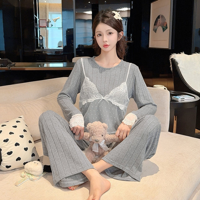 Oh Mida's New Autum High-End Pajamas Women's Cashmere Cotton Fake Two-Piece Long-Sleeved Accessible Luxury Home Wear Outer Suit
