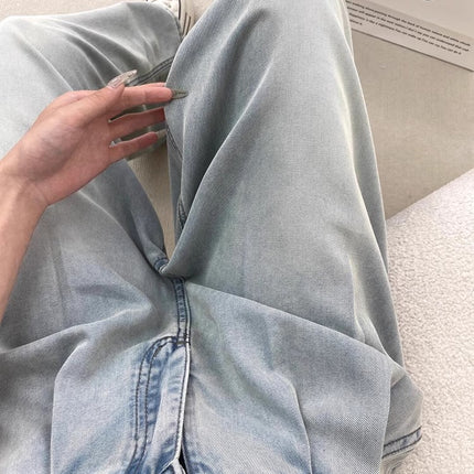 Women's Summer Thin High-Waisted Loose Drape Slimming Versatile Light-Colored Straight-Leg Jeans