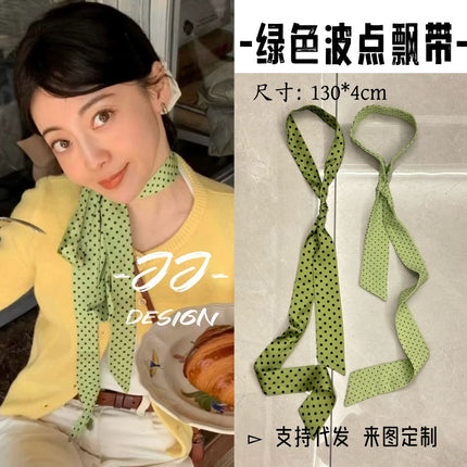 Korean Style Green Poll Dot Long Silk Scarf Neck Women's 2025 Spring and Summer New Style Tie Hair Belt High-end Scarf Belt