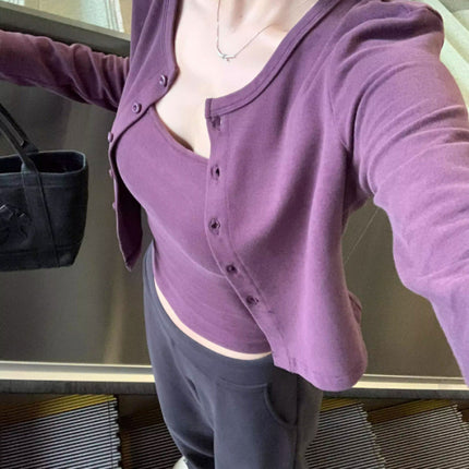 2025 New Design Purple Camisole Knitted Cardigan Short Top Two-Piece Set for Women