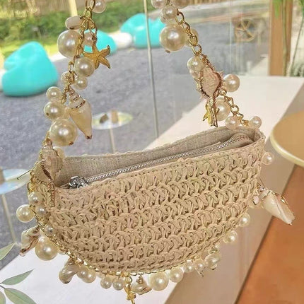 Spring and Summer 2025 New Fairy Pearl Conch Straw Bag Portable Crossbody Bag Small Mobile Phone Bag Hot Girl Y2K Trendy