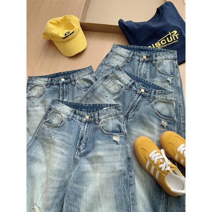 Vintage Ripped Straight-Leg Jeans for Women, High-Waisted, Loose, Slimming, Spring/Summer Wide-Leg Pants, Petite Floor-Length Trousers