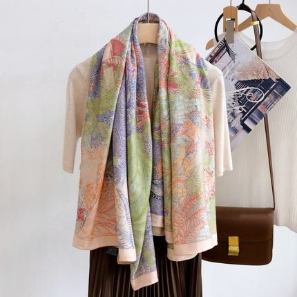 Fubao Rainforest Double-Sided Heterochromatic Silk Wool Large Square Scarf Autumn and Winter Warm Velvet Silk Wool Scarf Women's Shawl
