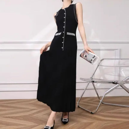 Light Luxury Handmade Beaded Slim-fit Knitted Sleeveless Black Dress Women's Summer New Mid-length dress to Ankle