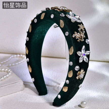 Yixing Senior French Hair Stamp Full Diamond Sponge Hair Band New Temperament Alloy Flower Dark Green Headwear A245