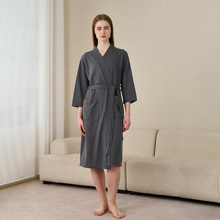 Summer Thin Water Absorbent Waffe Bathrobe Women's Summer Mid-length Simple Sexy Nightgown Men's Breathable Bath Towel Pajamas