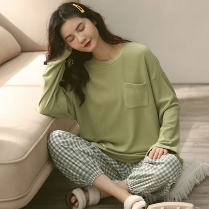 Factory wholesale live fashion spring and autumn cotton pajamas women's cute simple wind long sleeve trousers home clothes suit