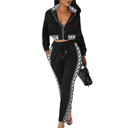Cross-Border Amazon Women's Spring and Autumn Fashion High-End Casual Suit with Crop Top Zipper and Floral Patchwork Long Pants