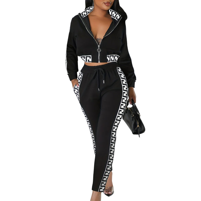 Cross-Border Amazon Women's Spring and Autumn Fashion High-End Casual Suit with Crop Top Zipper and Floral Patchwork Long Pants