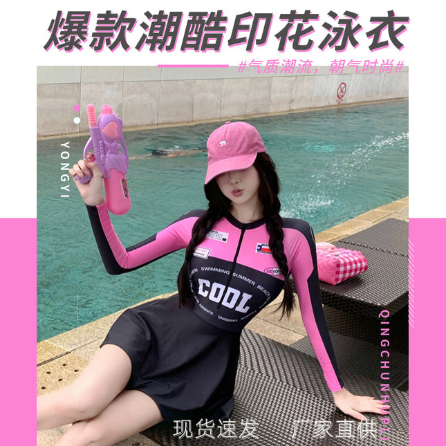 Korean style swimsuit new dopamine pink one-piece skirt swimsuit women's long sleeve sun protection conservative women's swimsuit wholesale