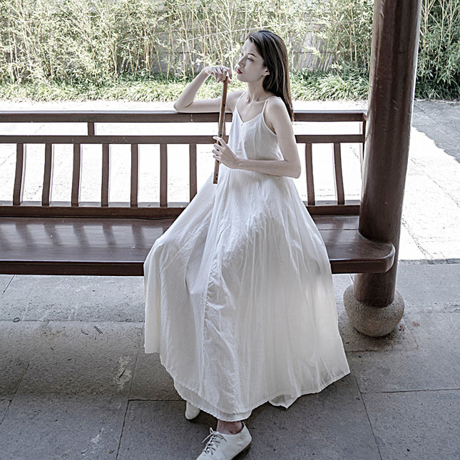 25 Summer Self-Made Long Cotton Dress with Large Hem and Double-Layered Leaf-Patterned Splicing, Two-Color Pure Cotton Strap Dress