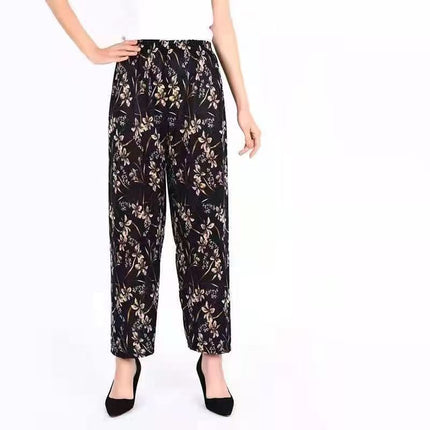 Foreign Trade Plus Size Middle-aged and Elderly Summer Thin Breathable Nine-point Flower Pants Mom Pants Ice Silk Loose Straight Pants