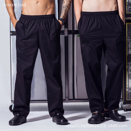 Chef Pants Black Straight-Leg Loose Breathable Work Pants for Kitchen Staff Men and Women Elastic Waist