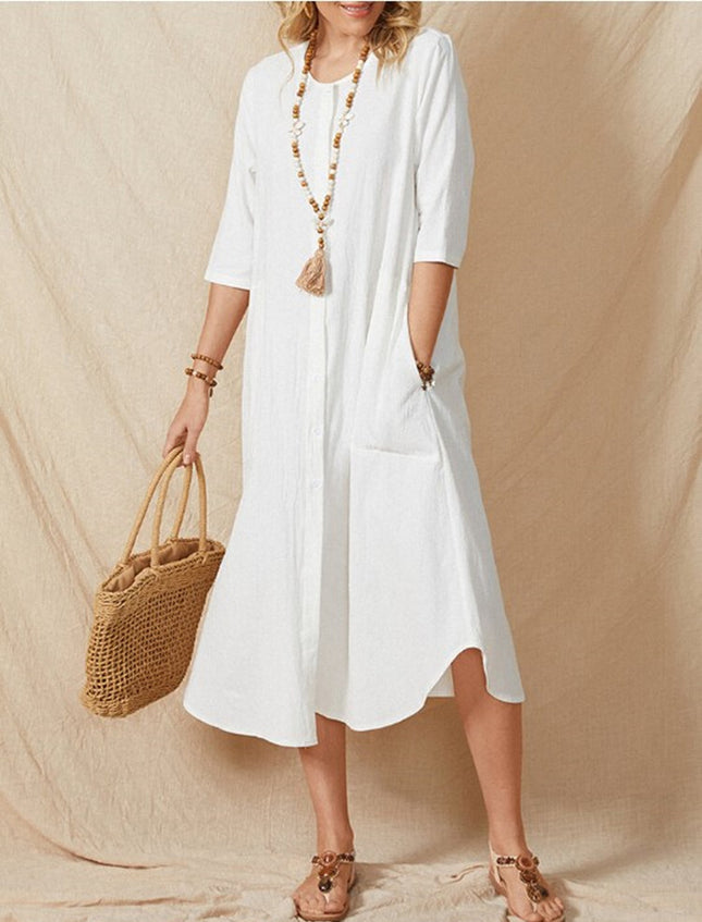 Cross-border wish AliExpress 2022 summer new women's 5-sleeve round neck single-breasted solid color cotton and linen dress