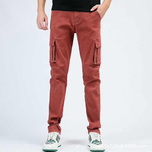 in stock Tooling Jeans Multi-Pocket Tannin Guangzhou Xintang Denim Factory Micro-Elastic Small Straight Jeans