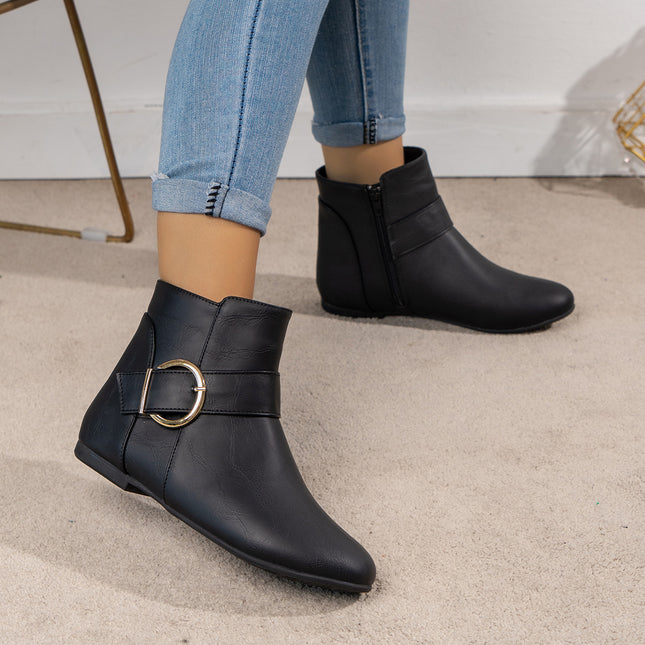 Free Shipping 2026 Spring New Style Large Buckle Side Zipper Women's Boots Flat Comfortable Low-Top European and American Versatile Short Boots