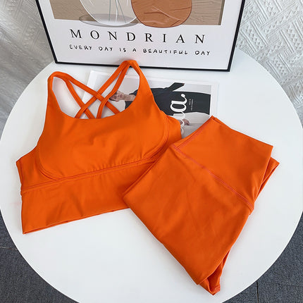 European and American Fashion Fitness Set, Push-Up Cross Sports Bra, Nude-Feel High-Waisted Butt-Lifting Yoga Two-Piece Set for Women