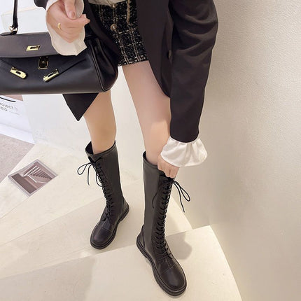 Over-The-Knee High Boots 2025 Autumn and Winter New Style Handsome Knight Boots Round Toe Lace-Up Elastic Fleece-Lined Boots Riding Boots