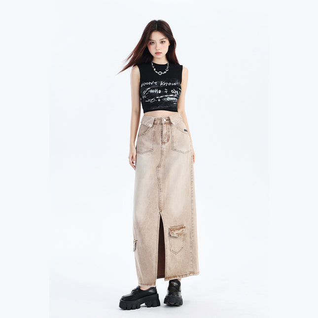 Hong Kong Style Vintage High Waist Slim Long Work Skirt Fashion Design Pear Figure Fashionable Denim Skirt for Women