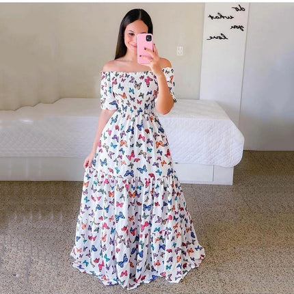 2025 cross-border new spring and summer European and American women's dress off-shoulder floral fashion off-shoulder long printed skirt