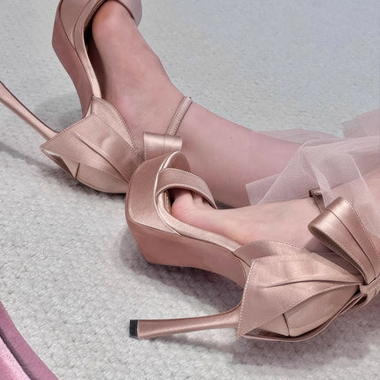 Sexy One-Strap Satin Stiletto High Heels 2026 New Open-Toe Platform Bow Hollow Sandals for Women