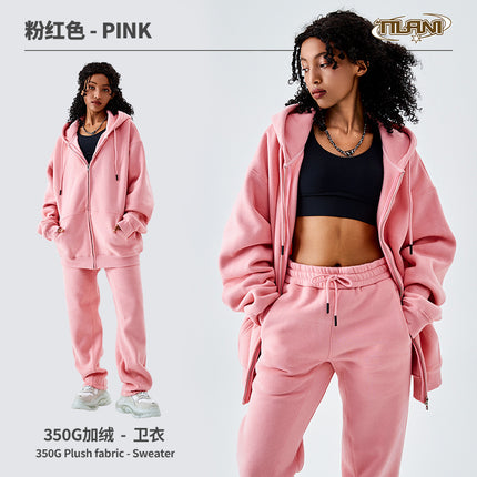 Tilani Cross-Border Men's Sweatshirt Velvet Jacket European and American 350g Autumn and Winter Zipper Hoodie Thick Pure Color Sweatshirt