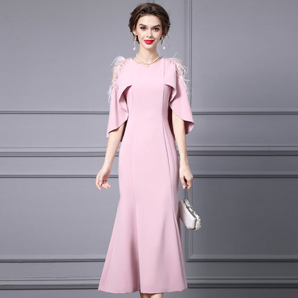Zhili Red dress plus size Women's chubby girl Belly Covering Light Luxury High-end Important Occasion Shoulder Dress