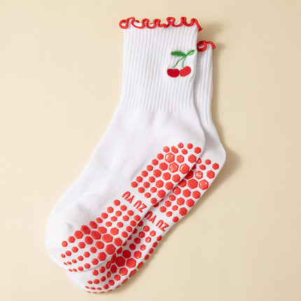 Yoga socks ladies mid-tube socks dispensing non-slip agaric lace cherry embroidery professional training running Pilates