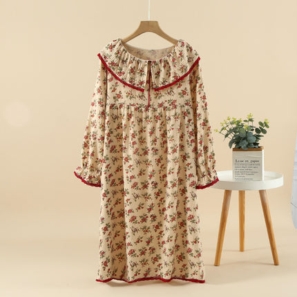 French-style long cotton nightdress women's spring and summer long-sleeved over-the-knee double-layer yarn crepe loose retro home can be worn outside