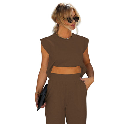 Yd8753-A1 European and American Clothing Amazon New Fashion Casual Pure Color Nine-Point Pants Two-Piece Set Cross-Border Women