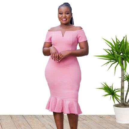 European and American plus size Women's Short-sleeved Open-shoulder V-neck Ruffled dress Dress JX073