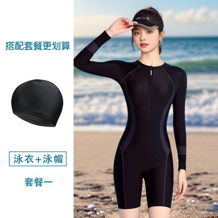 Women's One-Piece Conservative Swimsuit 2026 New Style Long-Sleeve High-End Feel for Slightly Chubby Girls, Covers the Body and Makes Them Look Slimmer, Suitable for Surfing and Hot Springs