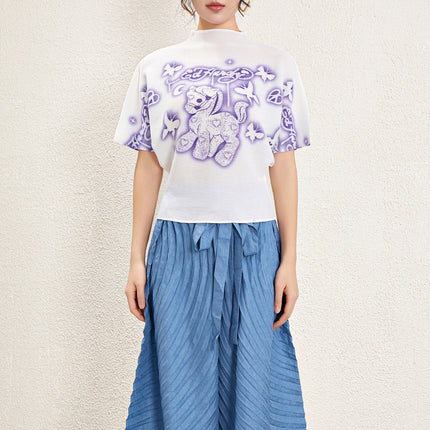 Designer Crewneck T-shirt Women's 2025 New Summer Pleated Cartoon Figure Printed Top Loose Thin T-shirt