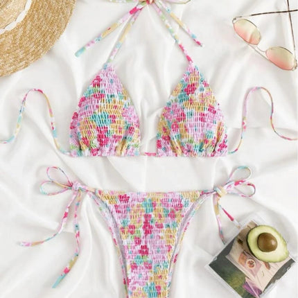 Floral Small Fresh Color Printed Pleated Bikini Chest Pad Small Chest Gathering Hot Spring Seaside Holiday Swimsuit Women