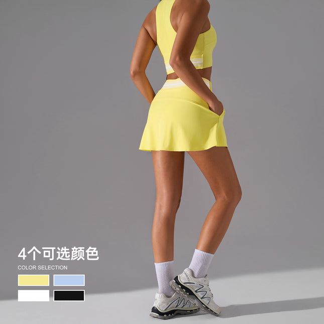 Fashion Contrast Color Yoga Clothing suit Shock-proof Push-up Sports Underwear Naked-feeling Band Lined Sports Skirt suit Women