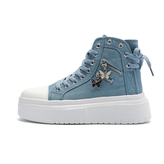Cross-Border Large Size Women's Shoes 2024 New Outdoor Versatile Butterfly Zipper Canvas Shoes Thick-Soled High-Top Heightening Sneakers for Women