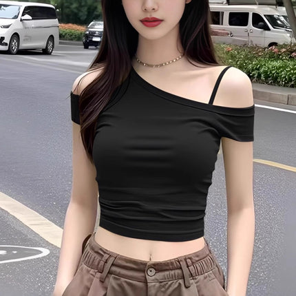 New Style Pure Desire Short Crop Top for Hot Girls, One-Shoulder Black Asymmetrical Neckline, Unique and Chic Small Top, Women's Summer Short-Sleeve T-Shirt