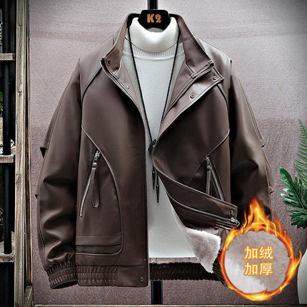 Vertical Collar Leather Jacket Men's Winter fleece-lined Thickened Biker Leather Jacket High-end Fashionable Trendy Ripper Handsome Casual Top