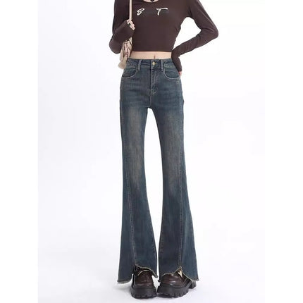 Women's Flared Jeans 2025 Summer New High-Waisted Slim Fit Bootcut Raw Hem Pants