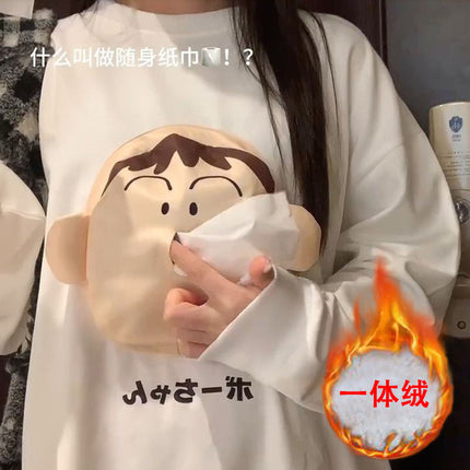 Autumn and winter new fleece-lined hooded warm sweater paper-drawing carry-on paper towel fun all-match casual top