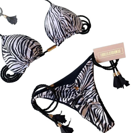 European and American Cross-border New Women's Triangle Bag Rope Bikini Solid Color Sexy Pendant Tassel Swimsuit Women's Bikini